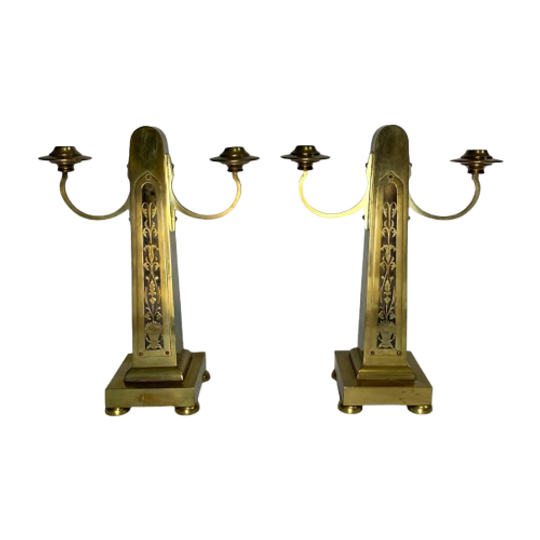 Set Van 2 Messing Art Nouveau Kandelaar, Rond 1910 1