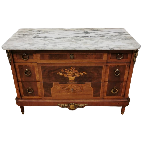 Antieke Vintage Commode, Dressoir, Ladekast Badkamermeubel Met Marmer Blad. 1