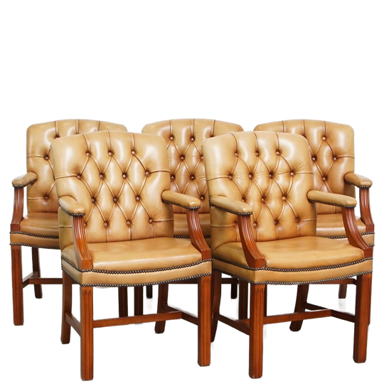 Set Van 5 Mooie En Luxe Rundleren Chesterfield Eetkamerstoelen In Een Lichte Cognac Kleur 1