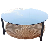 Vintage Glas En Riet Design Salontafel, Rond