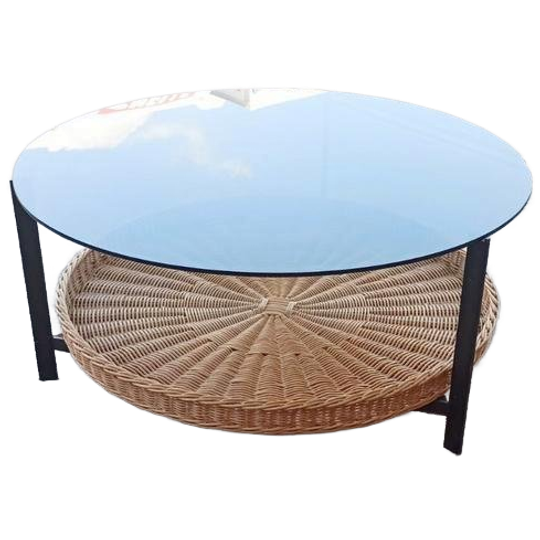 Vintage Glas En Riet Design Salontafel, Rond 1