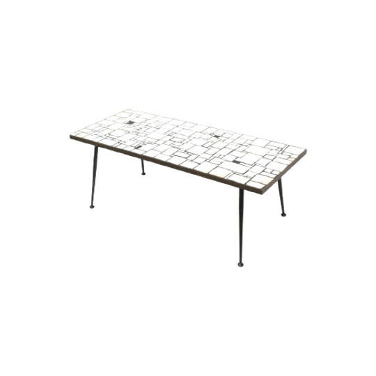 Vintage Zwart Witte Keramieke Salontafel Met Schuine Metalen Poten 1