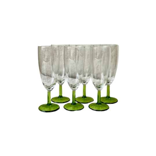 6x Vintage Champagne Glazen Met Groene Voet, Reliving 1