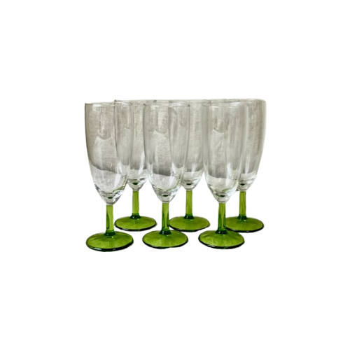 6X Vintage Champagne Glazen Met Groene Voet, Reliving