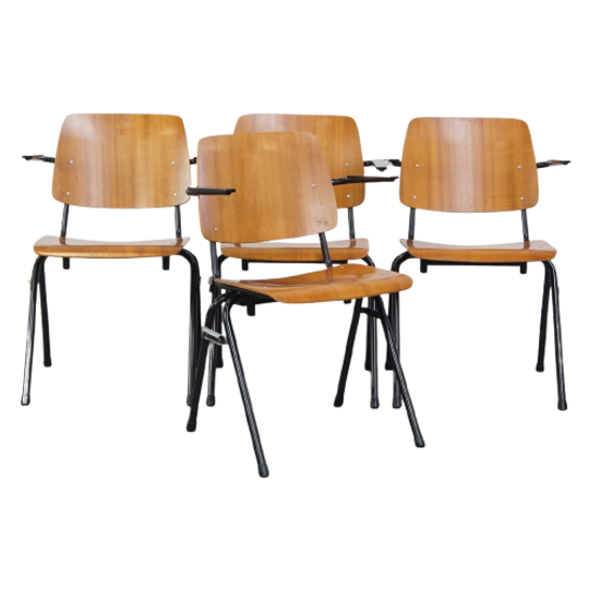 Set Van 4 Leuke Vintage Jaren ’60 Dutch Design Marko School/Kantine/Eetkamerstoelen Met Armleunin 1