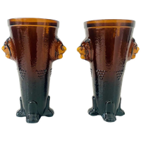 Mid-century Leeuwenvazen Set In Amber Oker Glas 1970’s