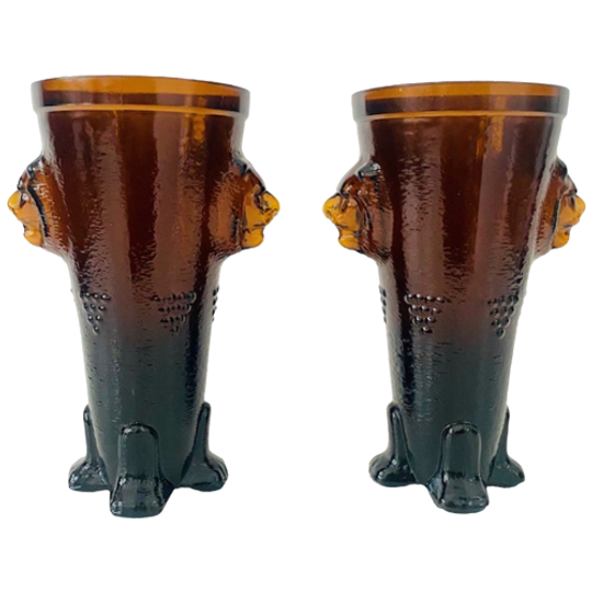 Mid-century Leeuwenvazen Set In Amber Oker Glas 1970’s 1