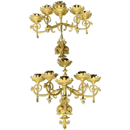 Paar Neogotische Wandkandelaars. Massief Verguld Brons. 1