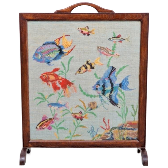 Vintage Vuurscherm Glas Openhaardscherm '60 Vissen Art Uniek 1