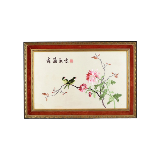 Ingelijst Fijn Chinees Borduurwerk Op Zijde Vogels Op Tak 69x47cm 1
