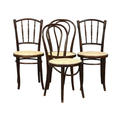 Gecombineerde Set Van 4 Originele Antieke Thonet Bistro Stoelen Voorzien Van Nieuwe Zittingen