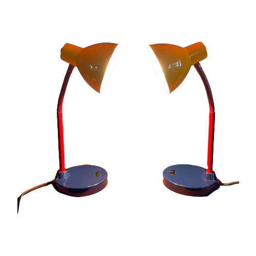 Set Van Twee : Memphis Stijl Bureaulamp In Rood Blauw En Geel, Jaren 80 Lamp Merk "Massive", Made