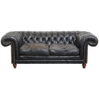 Comfortabele Zwarte Rundleren Chesterfield 2.5 Zits Bank In Engelse Stijl