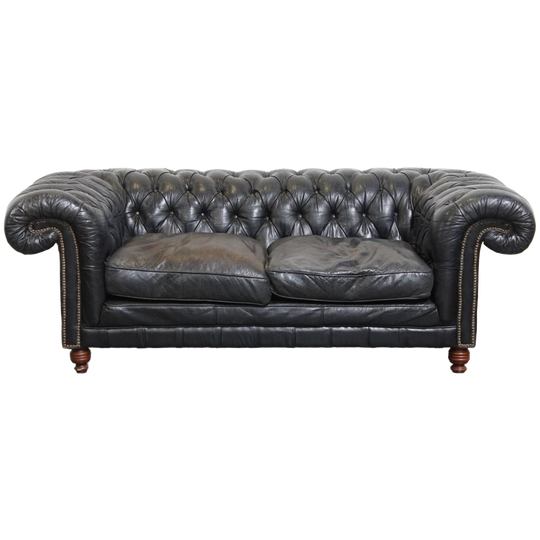 Comfortabele Zwarte Rundleren Chesterfield 2.5 Zits Bank In Engelse Stijl 1