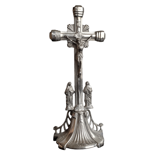 Prachtige Grote Art Nouveau Altaar Crucifix Verzilverd