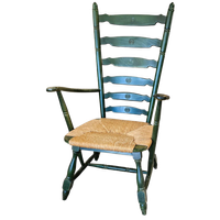 Vintage Transparent Green Wooden Arm Chair / Rush Seat / High Back Ladder Chair
