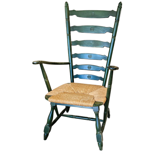 Vintage Transparent Green Wooden Arm Chair / Rush Seat / High Back Ladder Chair 1