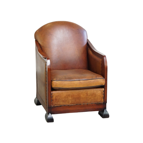 Unieke, Statige, Comfortabele Schapenleren Art Deco Design Fauteuil