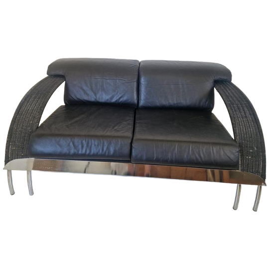Postmoderne Bank Rotan Chroom En Leer Jaren 80 Van Dover. 1