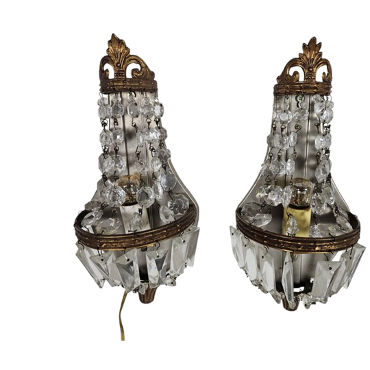 Hollywood Regency Stijl - 2 Wandlampen - Verguld - Kristal - Frankrijk - 60's 1