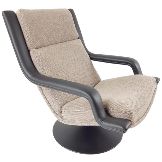 Vintage Artifort Draaifauteuil Beige Ploegstof | Leren Arm 1