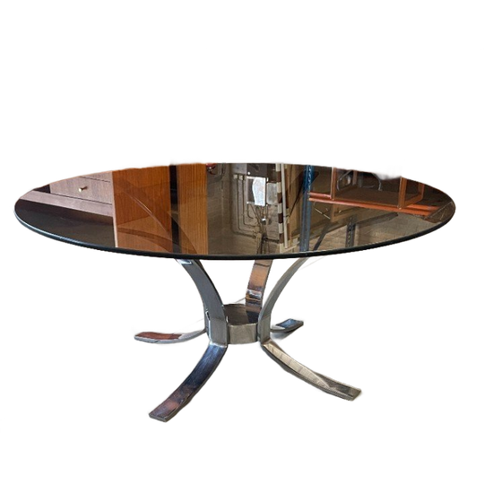 Vintage Ronde Salontafel, Rookglazen Blad En Chromen Frame, Space Age, 1970's 1
