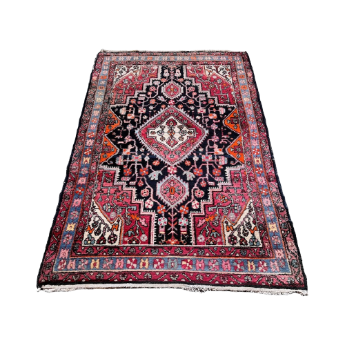 Handgeknoopt Perzisch Hamadan Vloerkleed 130X200Cm Vintage Tapijt Rood Zwart Reliving