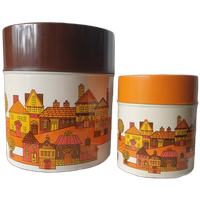 Retro Japanse Blikken Jaren 70 Oranje Bruine Huisjes 2st
