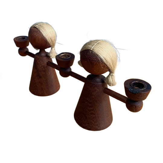 Triple Teak Candle Holder/ Candle Sticks Female Figurine 1960s 1