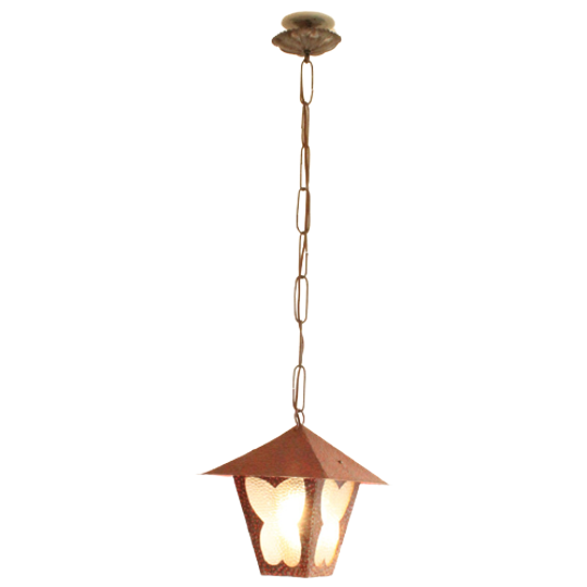 Amsterdam School Style Butterfly Lantern In Hammered Sheet Metal And Glass, 1940s 1