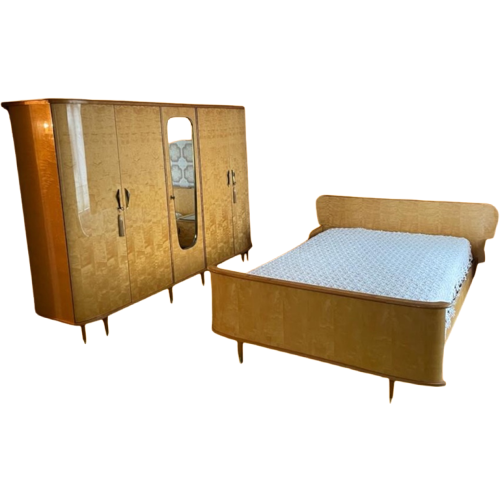 Mid Century Vintage Retro Slaapkamer Set, Tweepersoonsbed + Grote Kledingkast Met Spiegel!