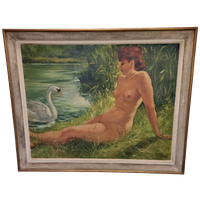 Vintage Schilderij Van Lena En De Zwaan Uit 1956