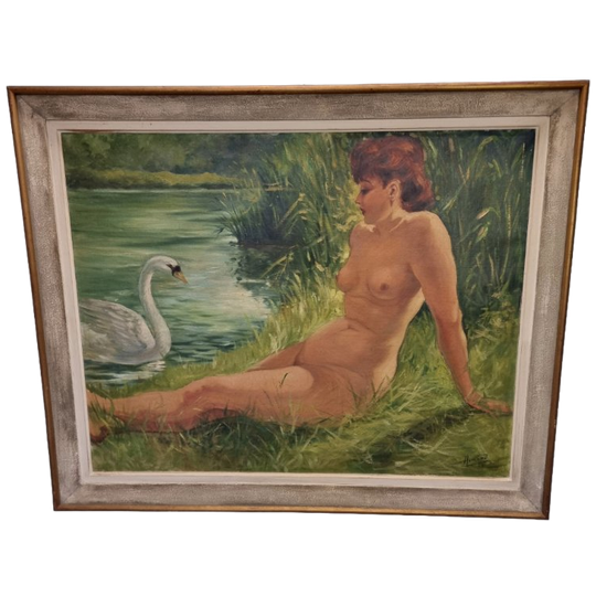 Vintage Schilderij Van Lena En De Zwaan Uit 1956 1