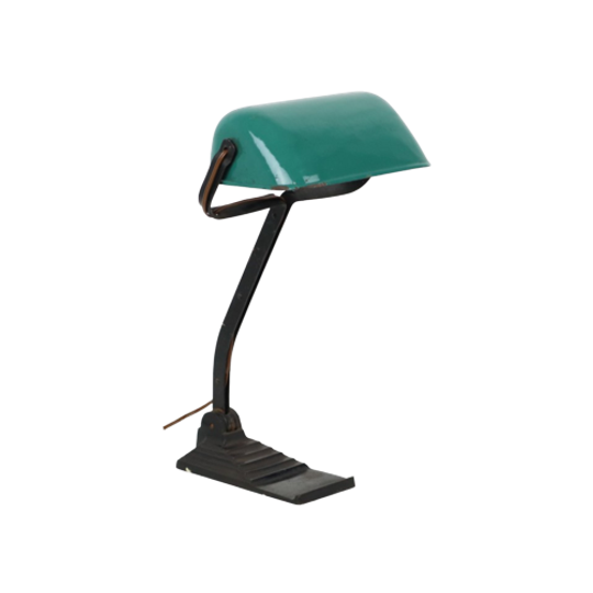 Art Deco Bureaulamp Notarislamp Erpe Model 52 Smeedijzer Groene Emaille Kap 1