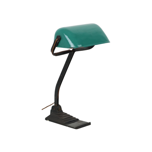 Art Deco Bureaulamp Notarislamp Erpe Model 52 Smeedijzer Groene Emaille Kap