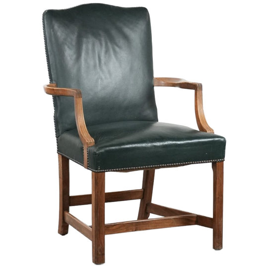 Oude Engelse Rundleren En Houten Gainsborough Bijzet-/ Bureaustoel In Een Mooie Groene/ Mosgroene Kleur 1