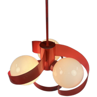 Vintage Rode Metalen Hanglamp / Kroonluchter, Space Age, België 1970's