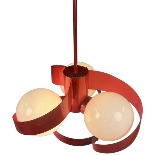 Vintage Rode Metalen Hanglamp / Kroonluchter, Space Age, België 1970's 1