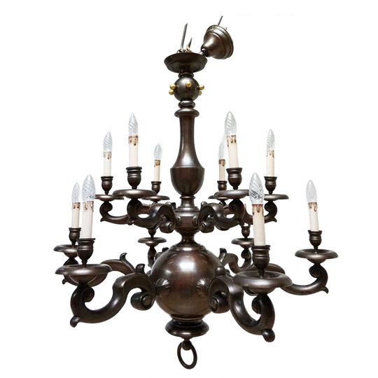 Art Deco Gepatineerd Bronzen Nederlands- Vlaamse Kasteel Kroonluchter, 12 Lichtpunten 1