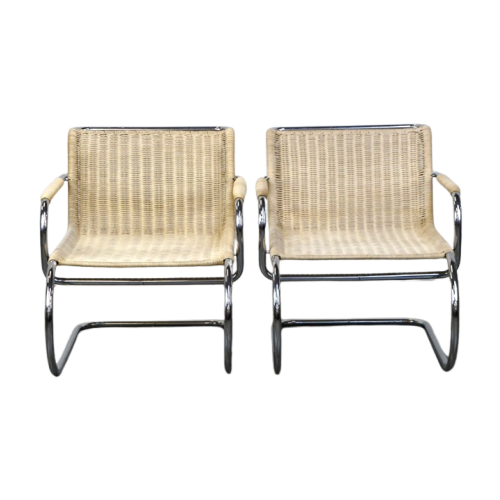 Set Van Twee Vintage Design Stoelen Van Franco Albini Voor Tecta. Chroom En Riet