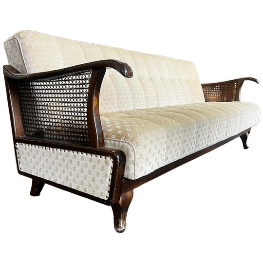 Vintage Houten Zetel / Fauteuil / Bank Met Rotan Vlechtwerk 1