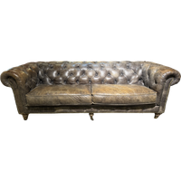 Vintage Chesterfield 3 Zits Bank Op Wieltjes Generfd Grijs/Bruin Leer