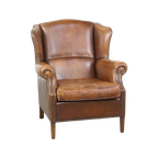 Subtiele En Comfortabele, Cognac-Kleurige Schapenleren Oorfauteuil In Engelse Stijl thumbnail 1