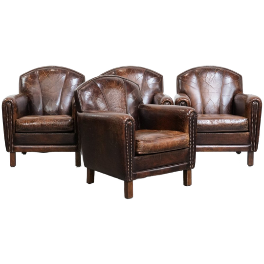 Comfortabele En Unieke Set Van 4 Stoere Rundleren Fauteuils / Armchairs Met Karakter 1