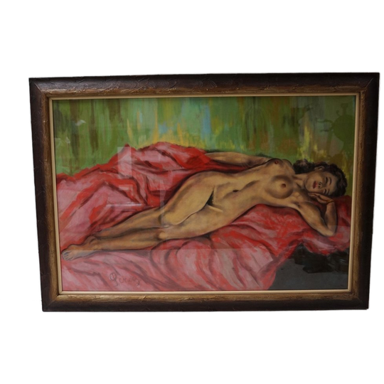 Groot Vintage Ingelijste Pasteltekening Van Een Slapende Vrouw, Gesigneerd Perez, Jaren 50-60 1