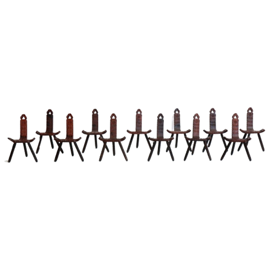 Set Van 12 Spaanse Brutalist Houten Stoelen / Krukken Uit De Jaren ’60 | Prijs P/s 1