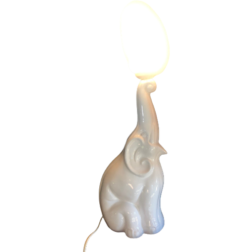 Grote Witte Jaren 70- 80 Keramische Lamp, Olifant Met Glazen Kapje, Postmoderne Tafellamp