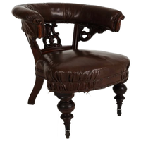 Antieke Leren Fauteuil Van Robson & Son – Gesneden Hout En Wielen, Newcastle