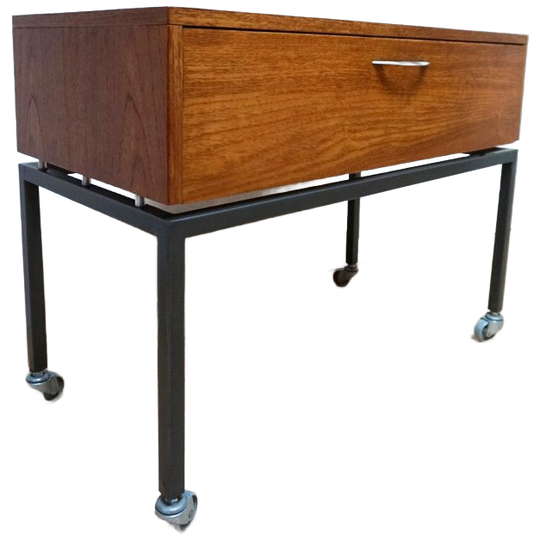 Kleine Vintage Houten Klepkastje Met Stalen Frame Op Wielen, Jaren 70 1