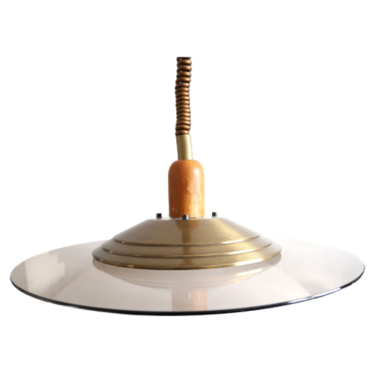 Vintage Pendellamp Space Age Rookglas, Messing En Hout, Jaren '60/'70 1
